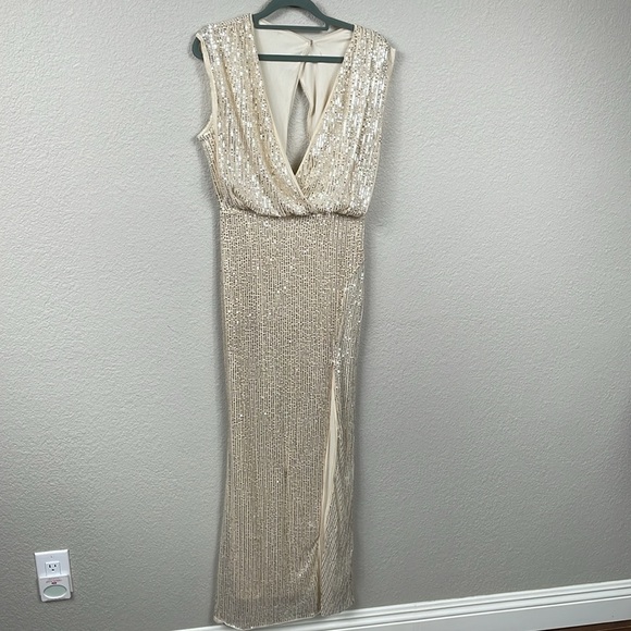 Lapis Sequin Champagne Maxi V Neck Dress with Slit Sparkle - Picture 2 of 15
